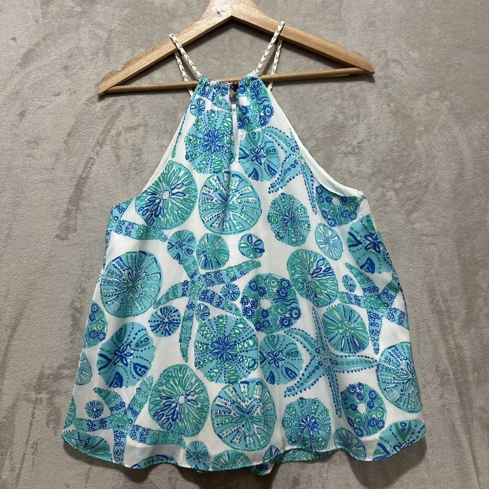 Lilly‎ Pulitzer Halter Top M Blue Green Starfish Sand Dollar Braided Rope Strap - Picture 2 of 7